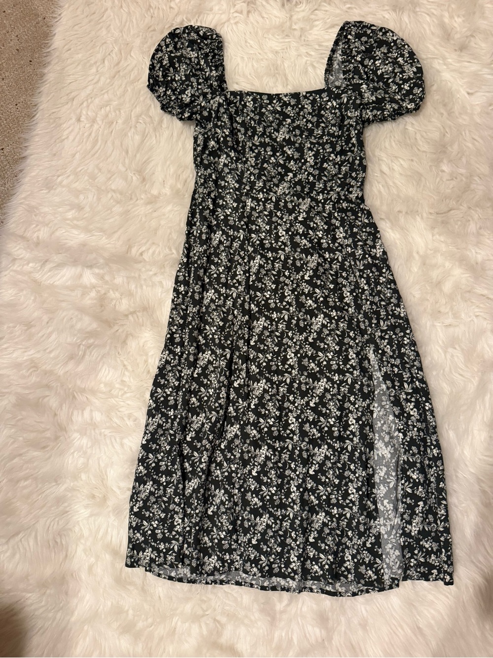Dark Green Floral Puff Sleeve Midi Dress
